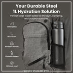 Ion8 stainless steel water bottle in grey, 1L capacity, leak-proof design, durable and perfect for on-the-go hydration.