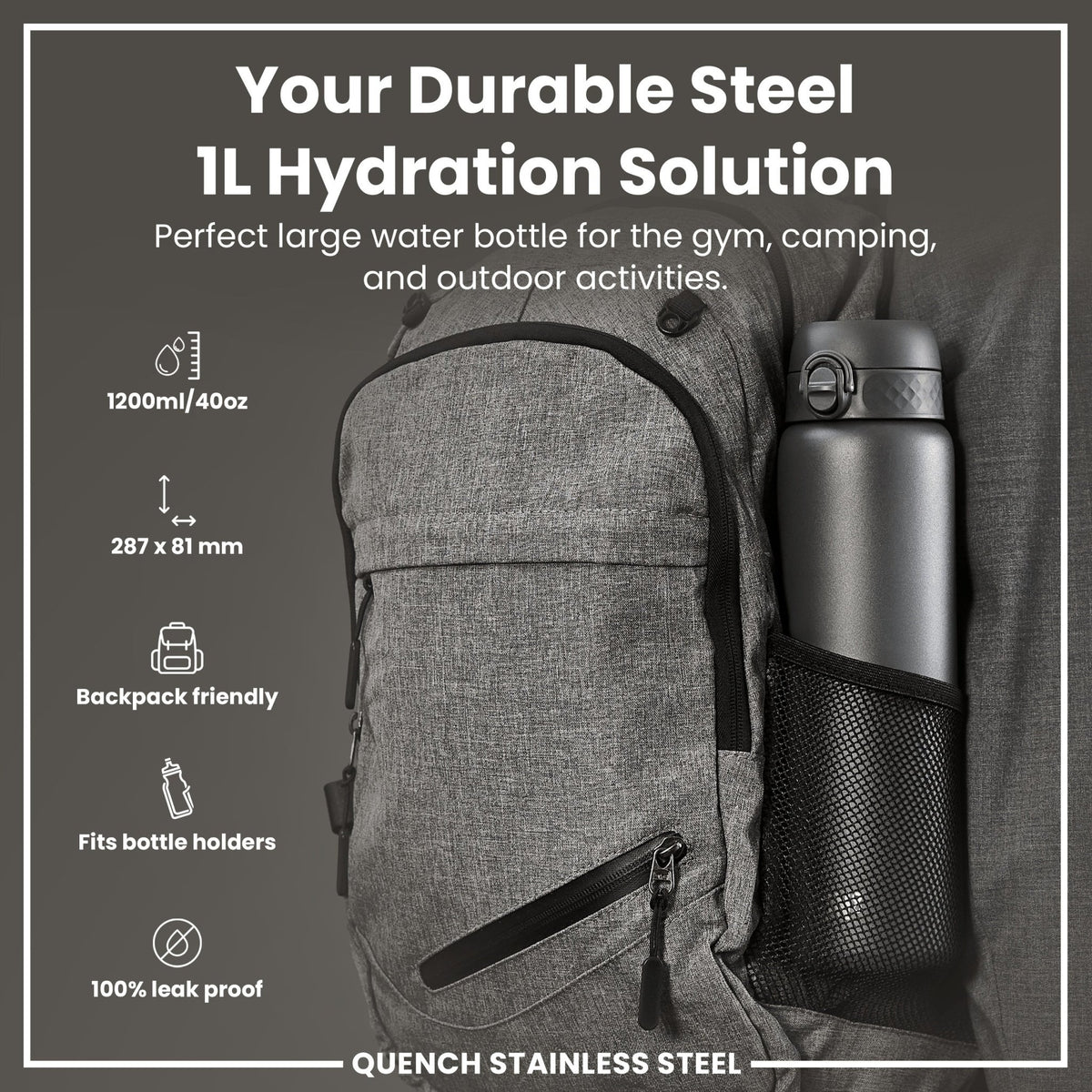 Ion8 stainless steel water bottle in grey, 1L capacity, leak-proof design, durable and perfect for on-the-go hydration.