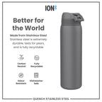 Ion8 stainless steel water bottle in grey, 1L capacity, leak-proof design, durable and reusable steel water bottle.