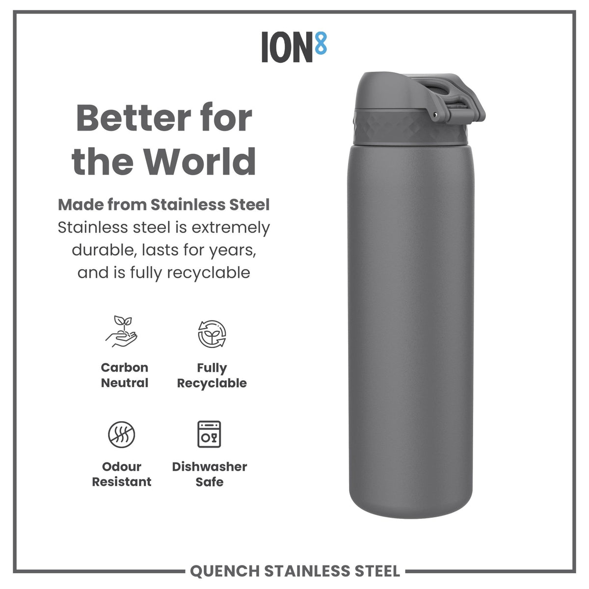 Ion8 stainless steel water bottle in grey, 1L capacity, leak-proof design, durable and reusable steel water bottle.