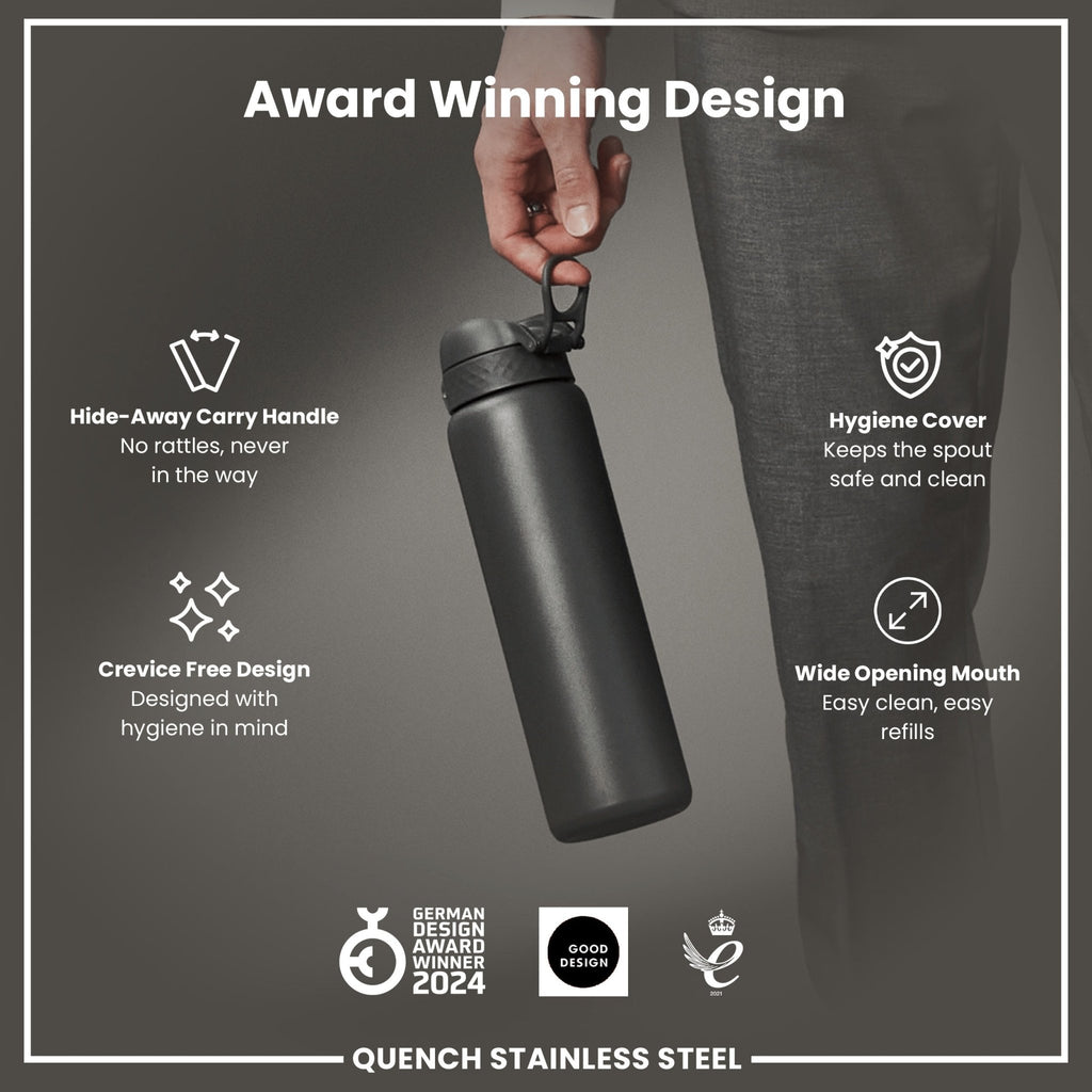 Grey 1L stainless steel water bottle by ION8, leak-proof design with a sleek, durable steel construction for everyday hydration.