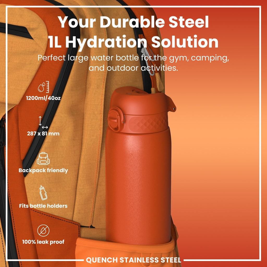 ION8 stainless steel water bottle in Hearty Orange, 1L capacity, leak-proof design, durable and sleek for everyday hydration.