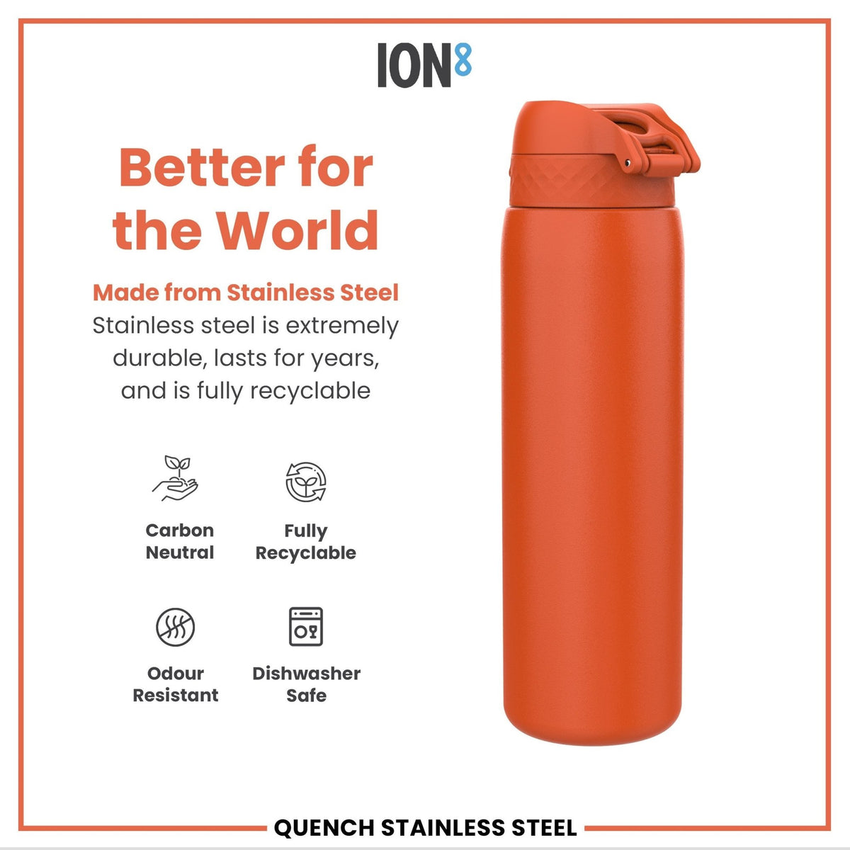 ION8 stainless steel water bottle in hearty orange, 1L capacity, leak-proof design, durable and ideal for on-the-go hydration.