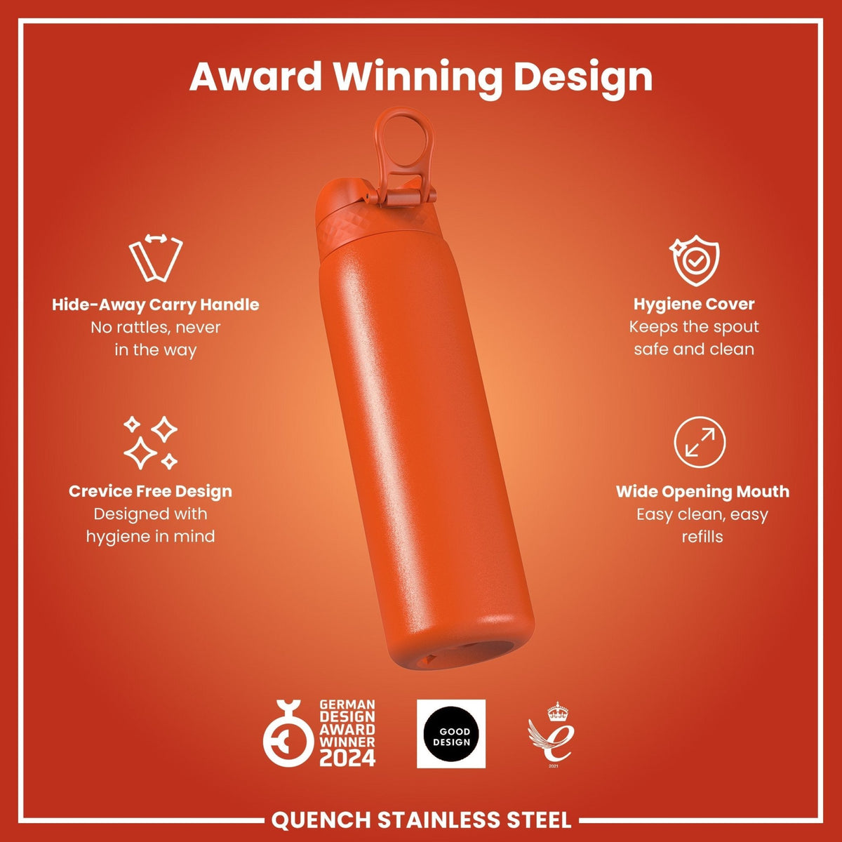 ION8 stainless steel water bottle in hearty orange, 1L capacity, leak-proof design, durable and perfect for hydration on the go.