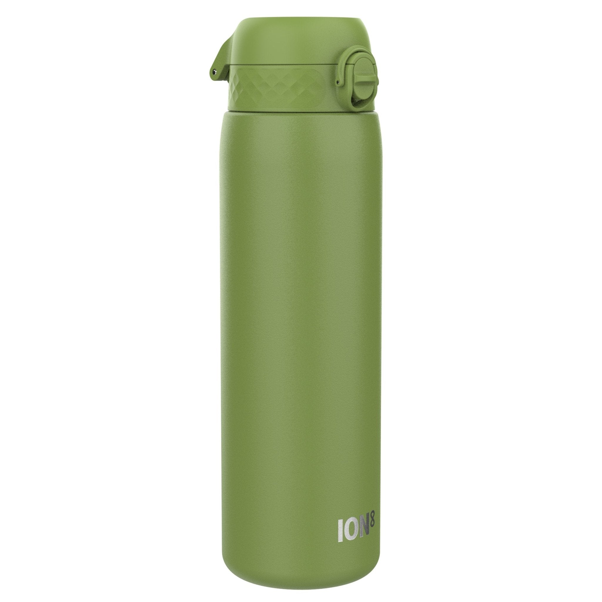 Ion8 leak-proof 1L stainless steel water bottle in khaki green, durable and portable for outdoor hydration.