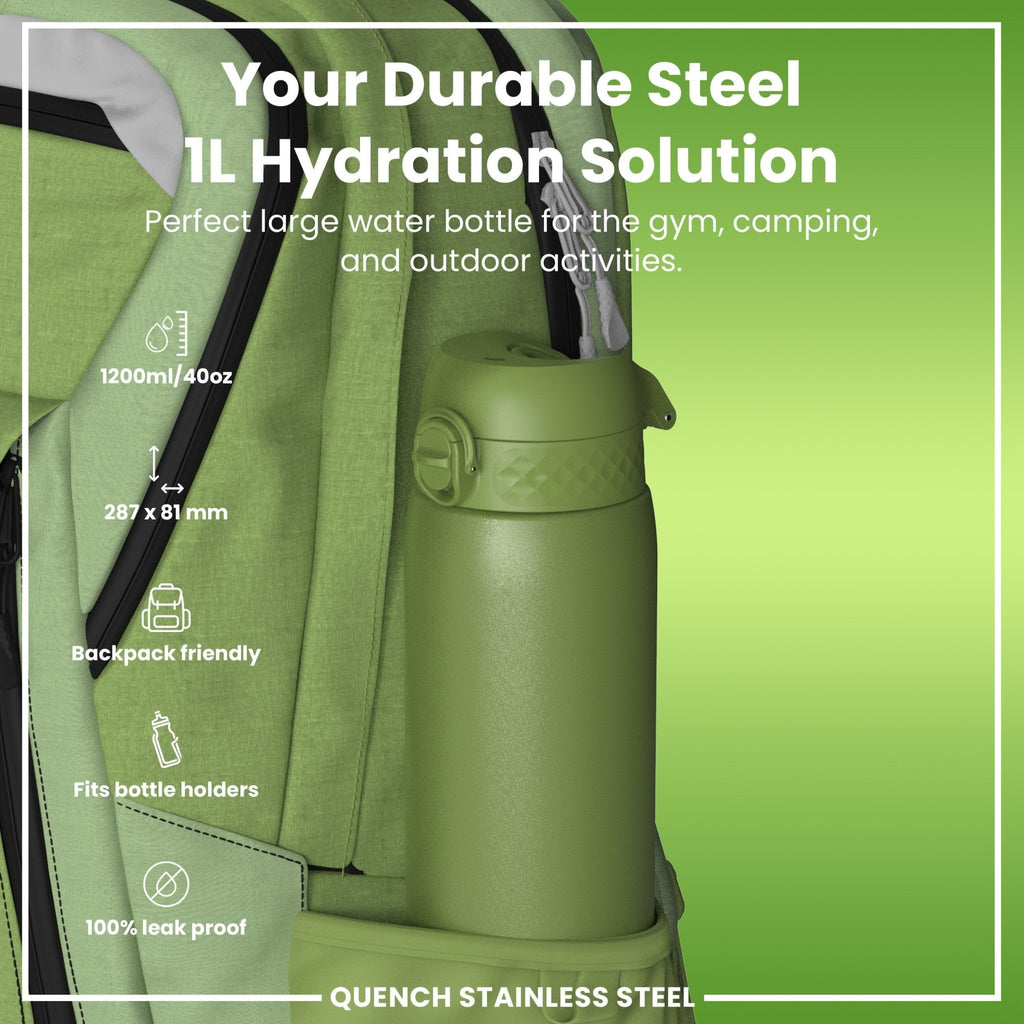 Ion8 stainless steel water bottle in khaki green, 1L capacity, leak-proof design, durable and ideal for hydration on the go.