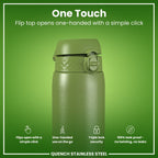 ION8 stainless steel water bottle in khaki green, 1 liter, leak-proof design, durable and eco-friendly for everyday hydration.
