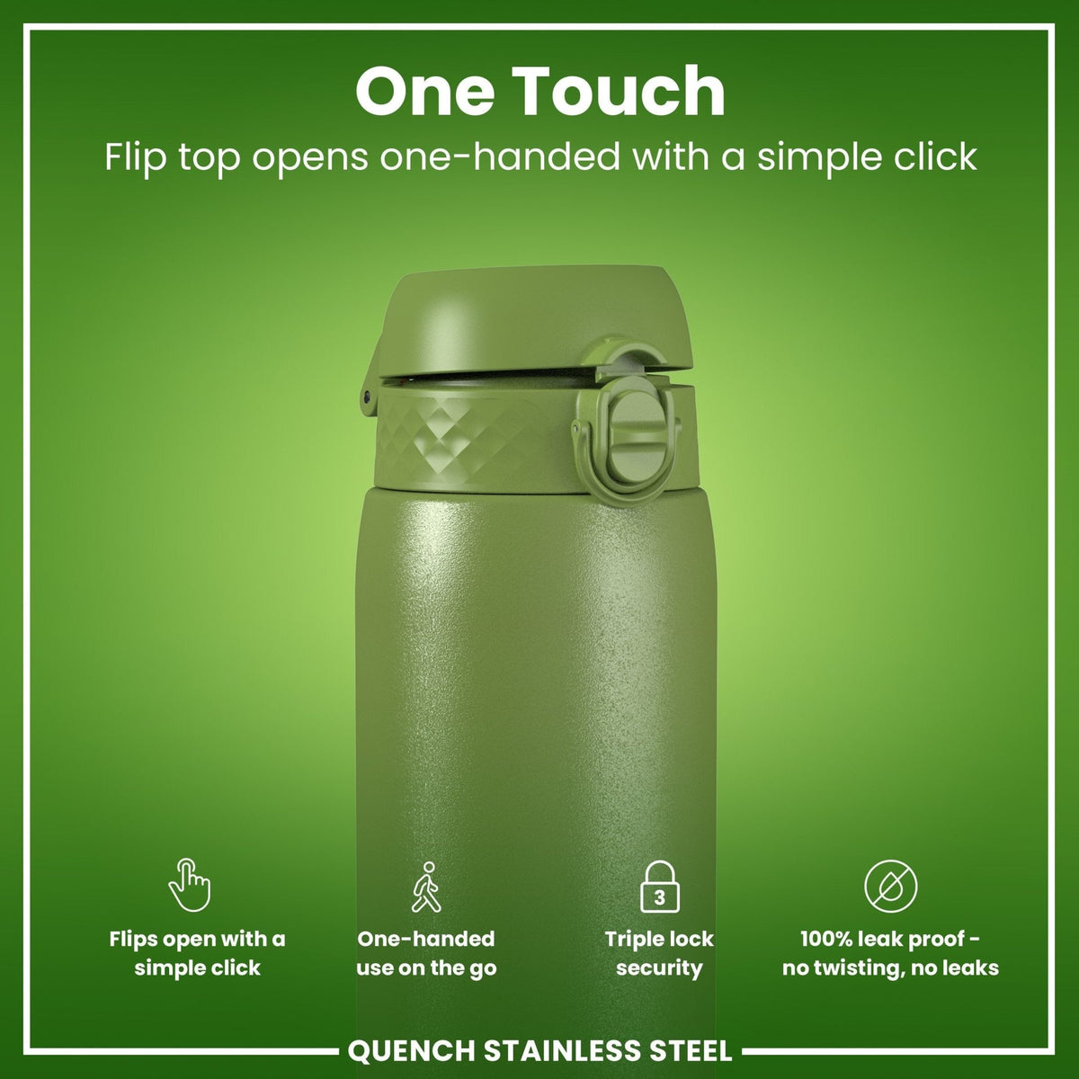 ION8 stainless steel water bottle in khaki green, 1 liter, leak-proof design, durable and eco-friendly for everyday hydration.
