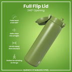 Ion8 stainless steel water bottle in khaki green, 1 liter, leak-proof design for durable hydration.