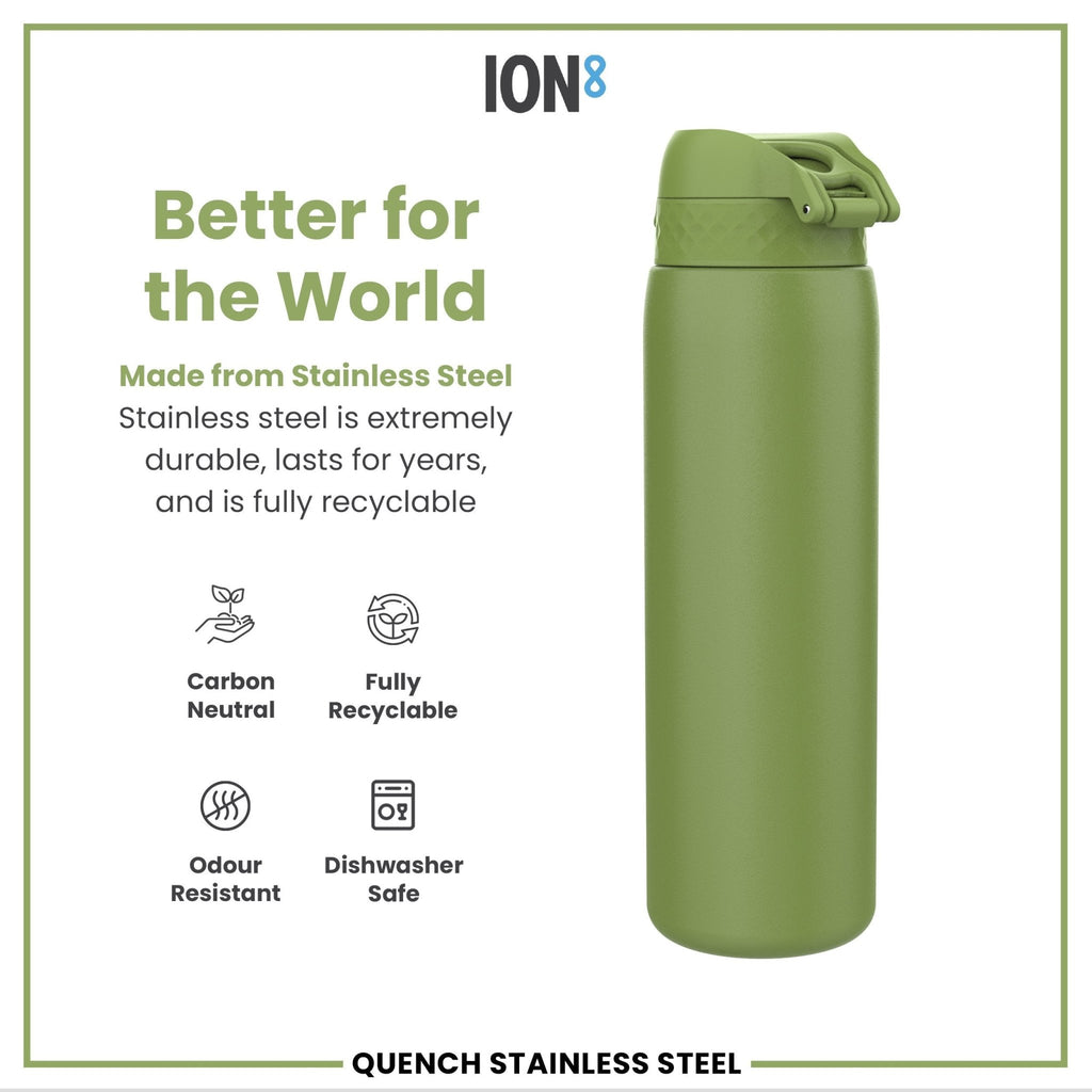 Ion8 stainless steel water bottle in khaki green, 1 liter, leak-proof design, durable steel water bottle for daily use