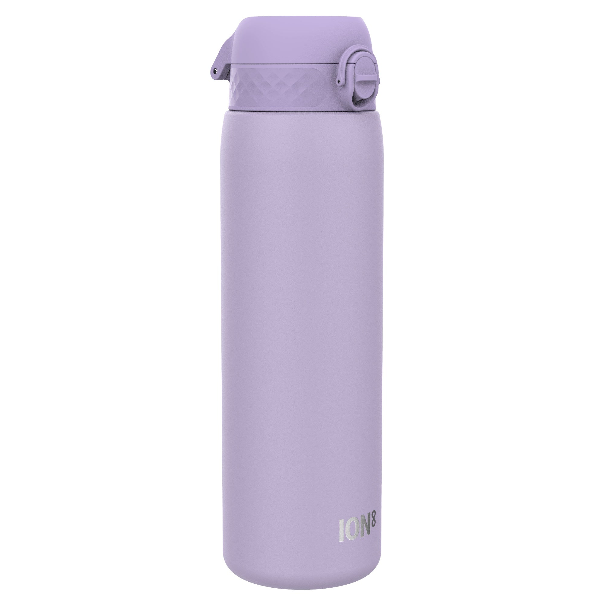 Ion8 stainless steel 1-liter water bottle in light purple, leak-proof design with durable construction.