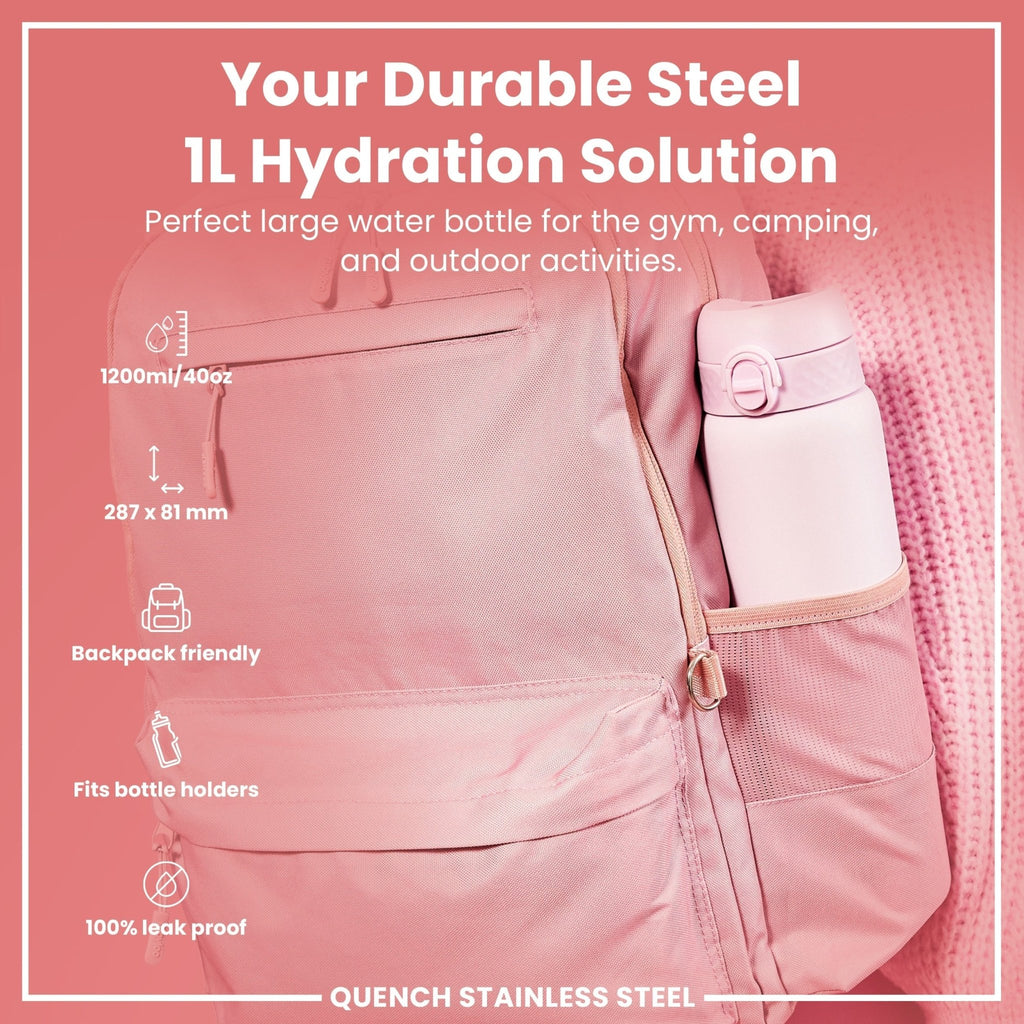 Ion8 stainless steel water bottle in Lilac Dusk, 1 liter, leak-proof design, durable and stylish for everyday hydration.