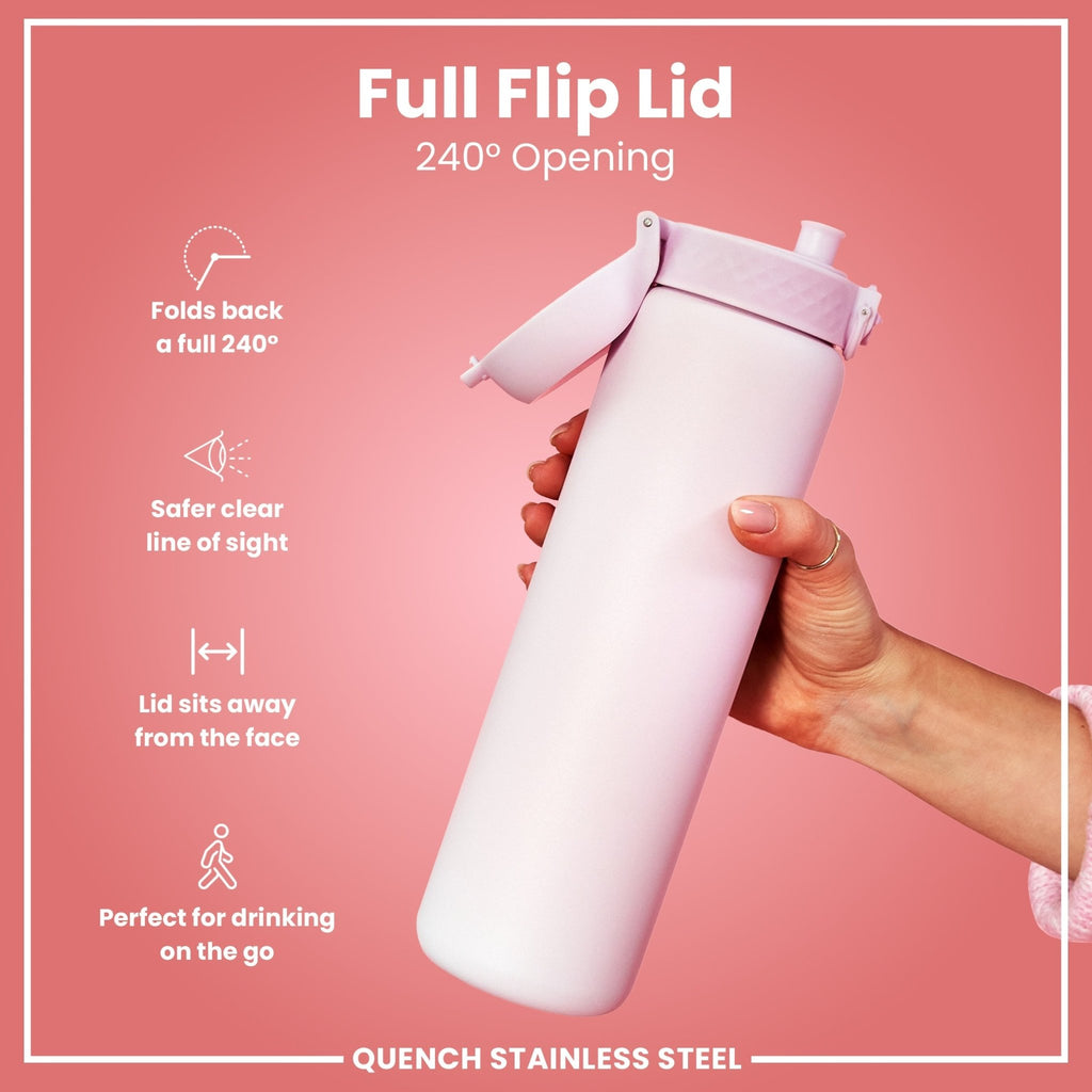 Ion8 stainless steel water bottle in Lilac Dusk, 1L, with leak-proof design and sleek steel construction for durable hydration.