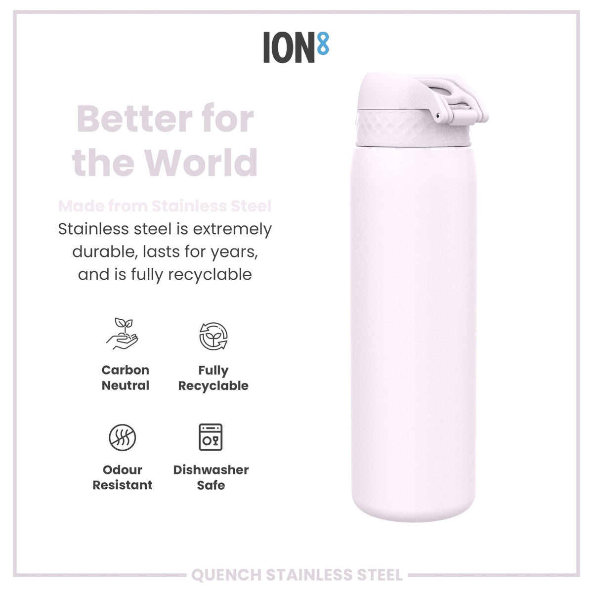 Ion8 stainless steel water bottle in Lilac Dusk, 1 liter, leak-proof design, durable steel water bottle for hydration on the go.
