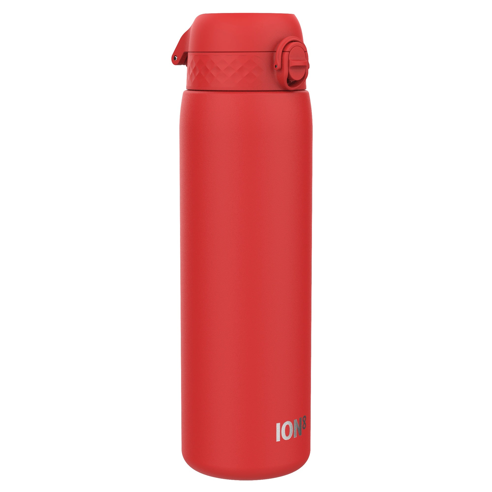 Red stainless steel ION8 leak-proof 1-liter water bottle with a secure cap, ideal for hydration on the go.