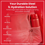 Red stainless steel water bottle by ION8, 1L capacity, leak-proof design, durable and ideal for on-the-go hydration.