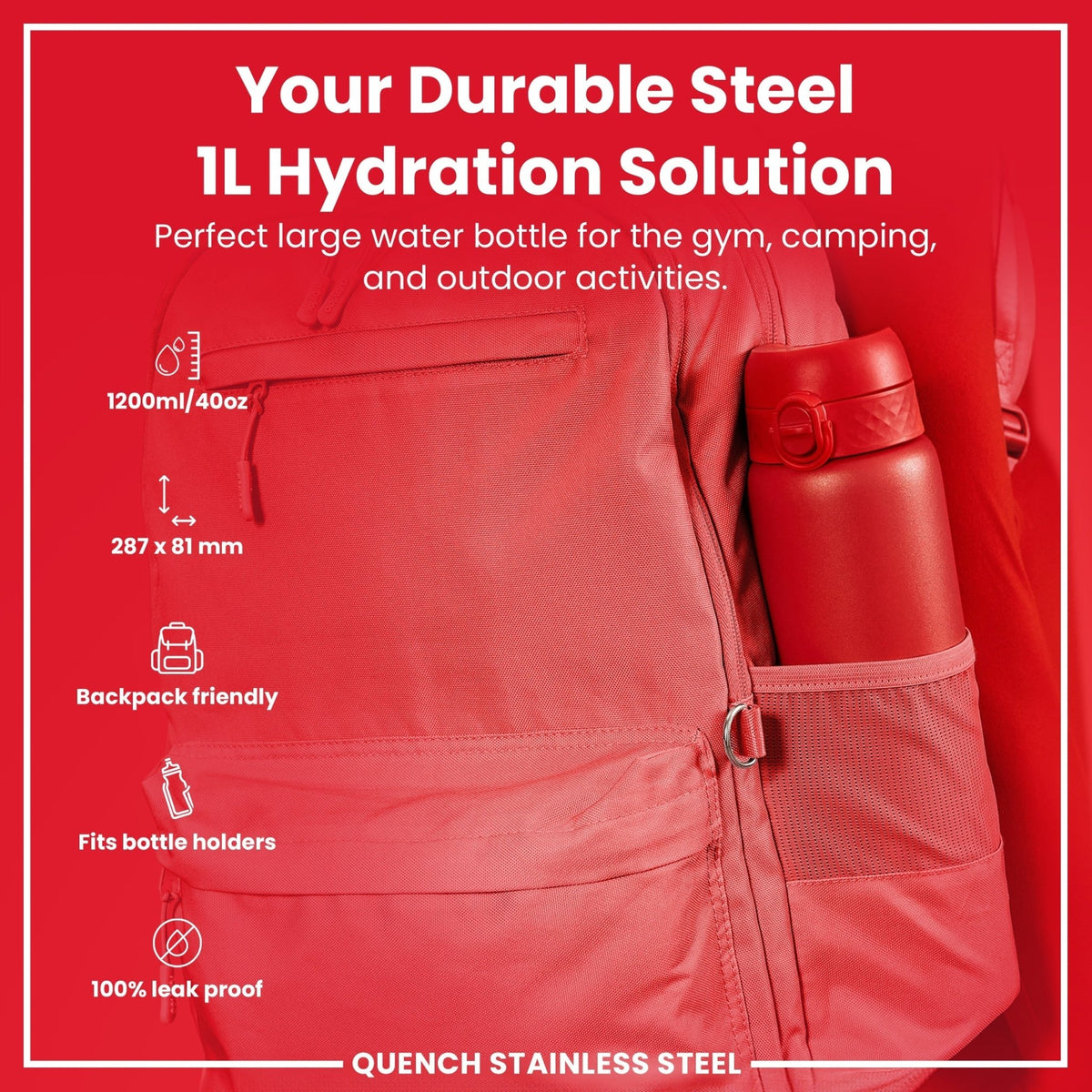 Red stainless steel water bottle by ION8, 1L capacity, leak-proof design, durable and ideal for on-the-go hydration.