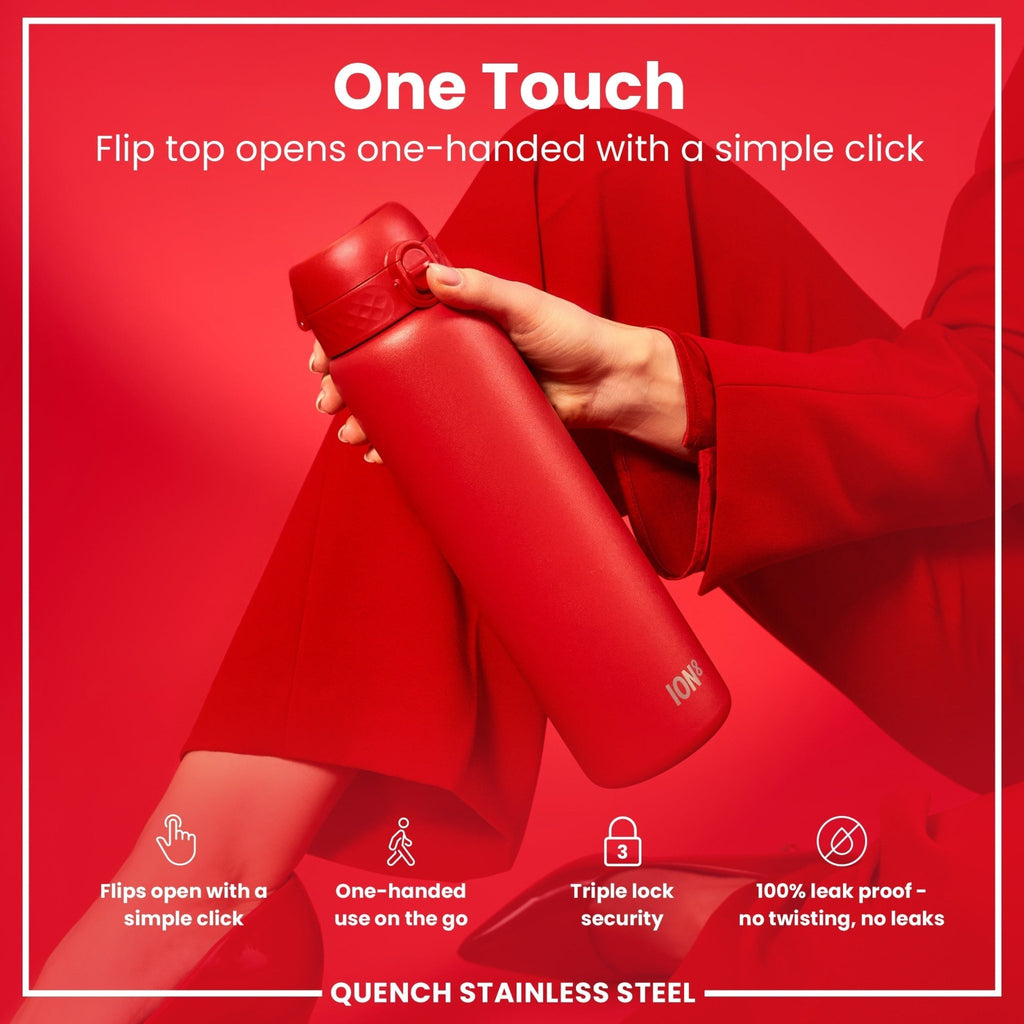 Red stainless steel water bottle by ION8, 1L capacity, leak-proof design, durable and ideal for everyday hydration.