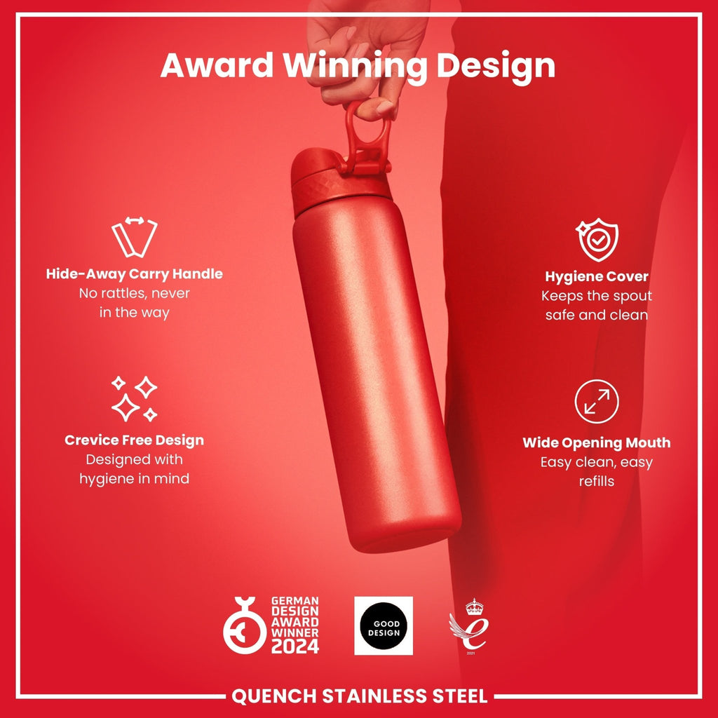Red 1L stainless steel water bottle by ION8, leak-proof design, durable metal bottle for hydration on the go.