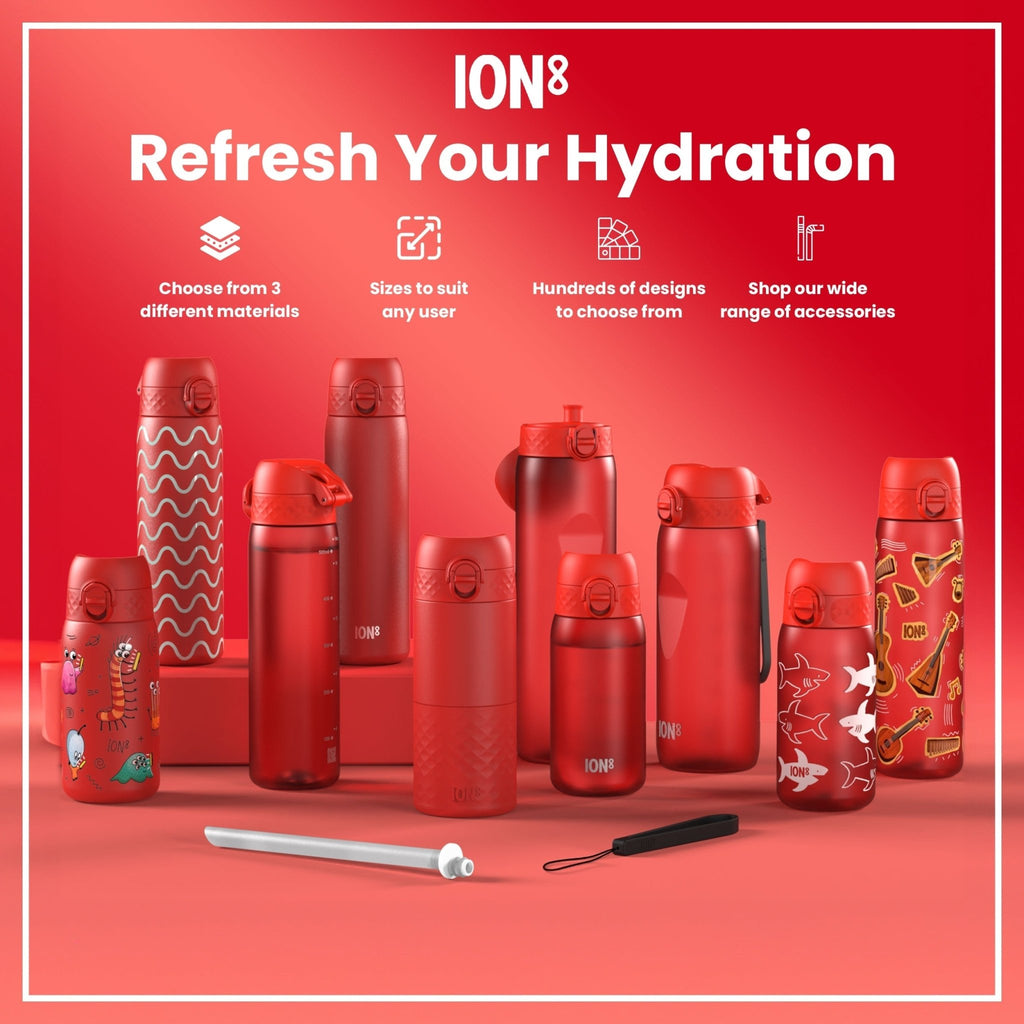 Red 1L stainless steel water bottle by ION8, leak-proof design, durable steel construction for hot or cold drinks.