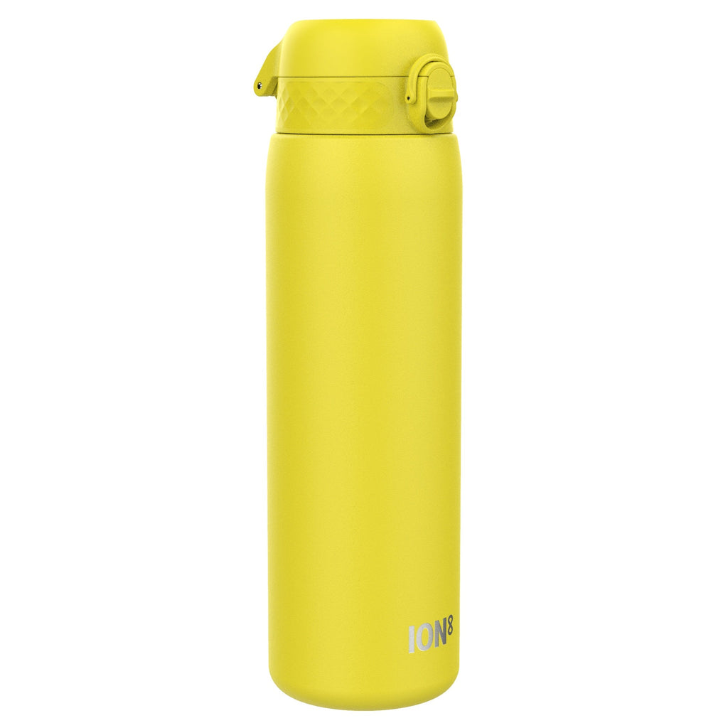 Yellow 1L stainless steel water bottle by ION8, leak-proof design, durable steel construction, ideal for hydration on the go