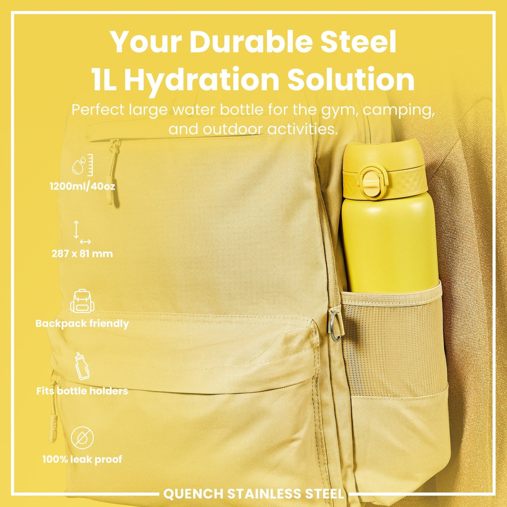 Yellow 1L stainless steel water bottle by ION8, leak-proof design with durable steel construction for hydration on the go.