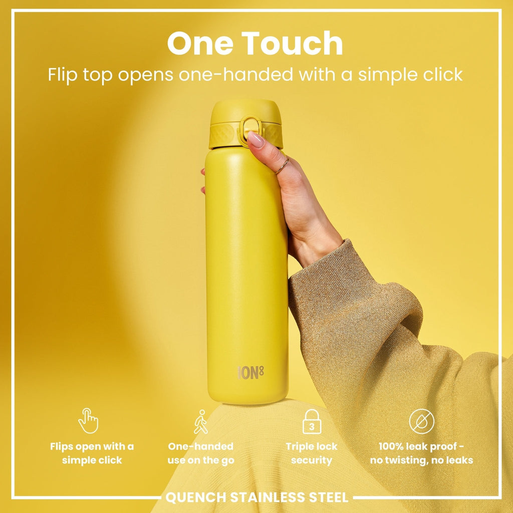 Yellow 1L stainless steel water bottle by ION8, leak-proof design, durable steel construction, ideal for hydration on the go