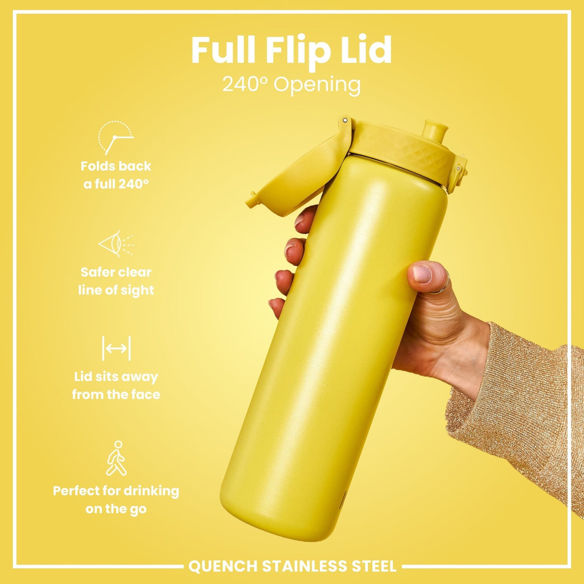 Yellow 1L stainless steel water bottle by ION8, leak-proof design with a sleek, durable steel construction.