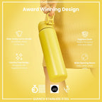 Yellow 1L stainless steel water bottle by ION8, leak-proof design, durable steel construction for on-the-go hydration.