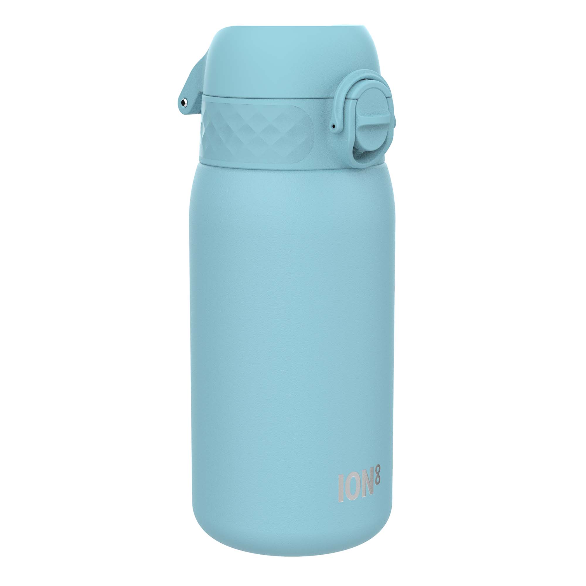 ION8 stainless steel leak-proof kids water bottle in Alaskan Blue, 400ml (13oz), with a secure screw-on lid and colorful design.
