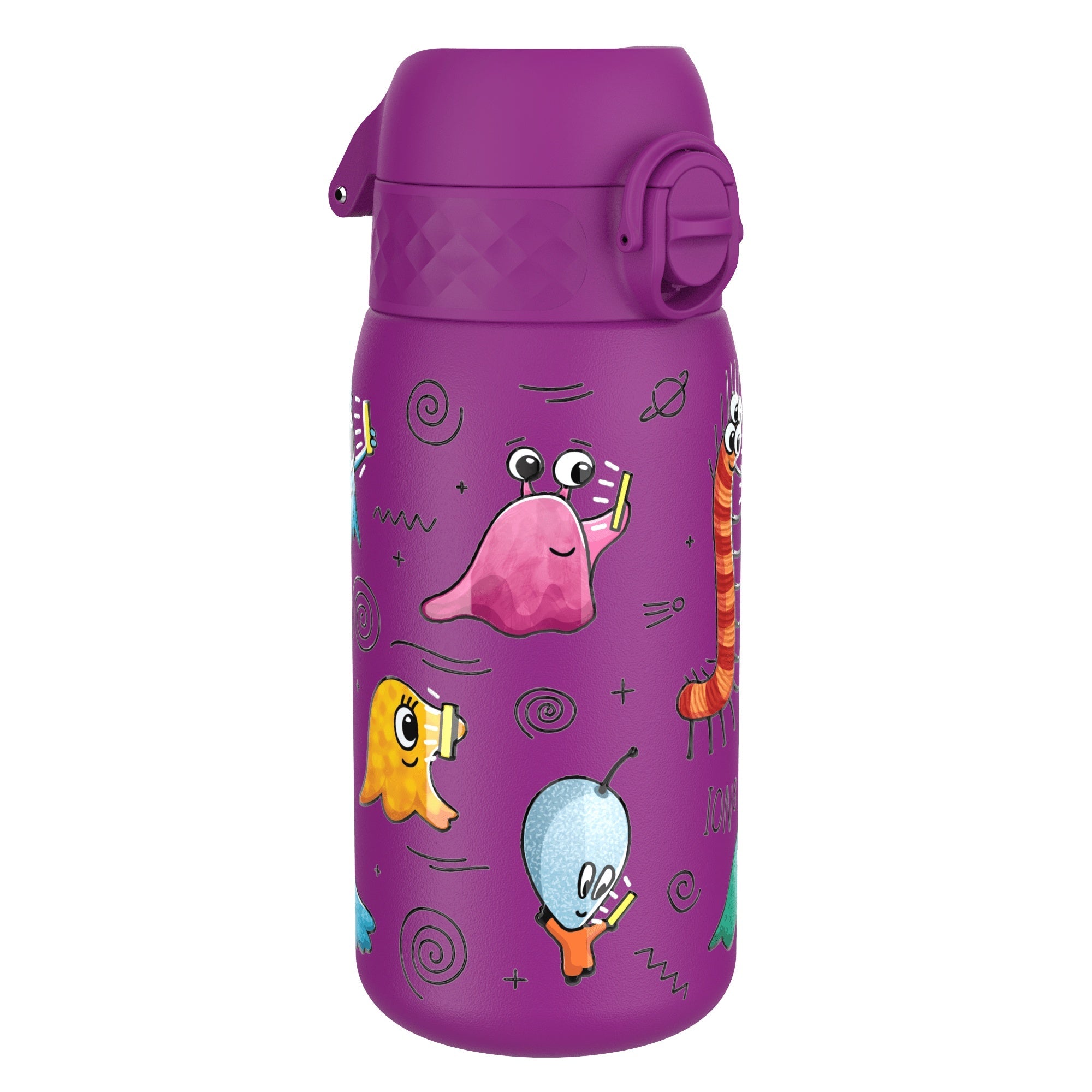 ION8 leak-proof kids water bottle with alien design, stainless steel, 400ml capacity, ideal for children’s hydration.