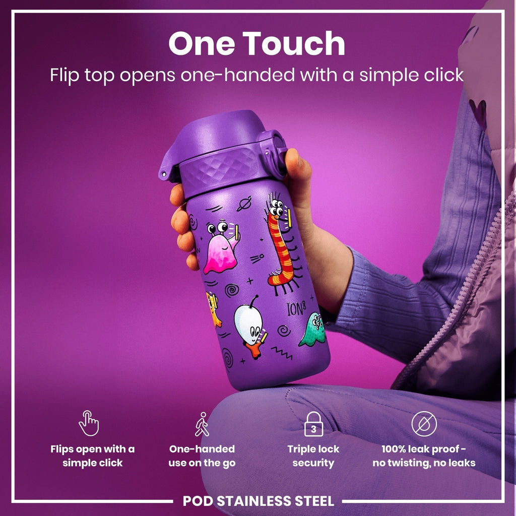 Ion8 stainless steel water bottle for kids with alien design, 400ml leak-proof steel water bottle for children.