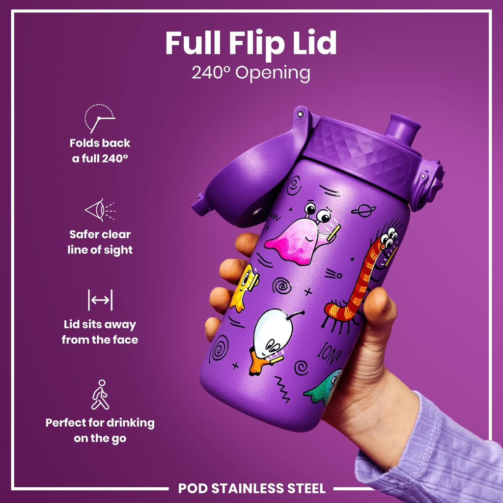 ION8 stainless steel water bottle with alien design, 400ml leak-proof kids' steel bottle for safe hydration.