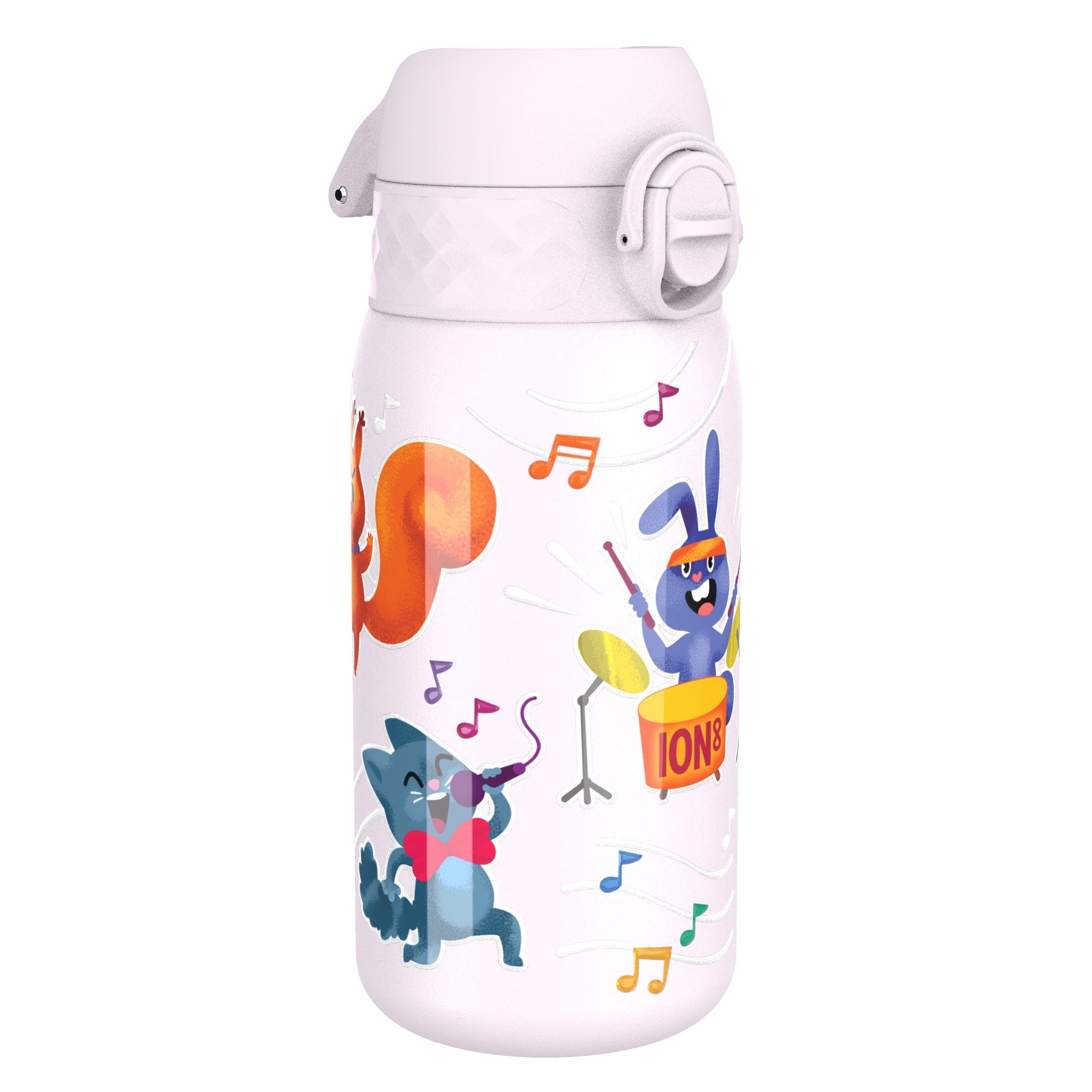 ION8 stainless steel leak-proof kids water bottle with animal band, 400ml capacity, featuring a colorful design and durable construction.