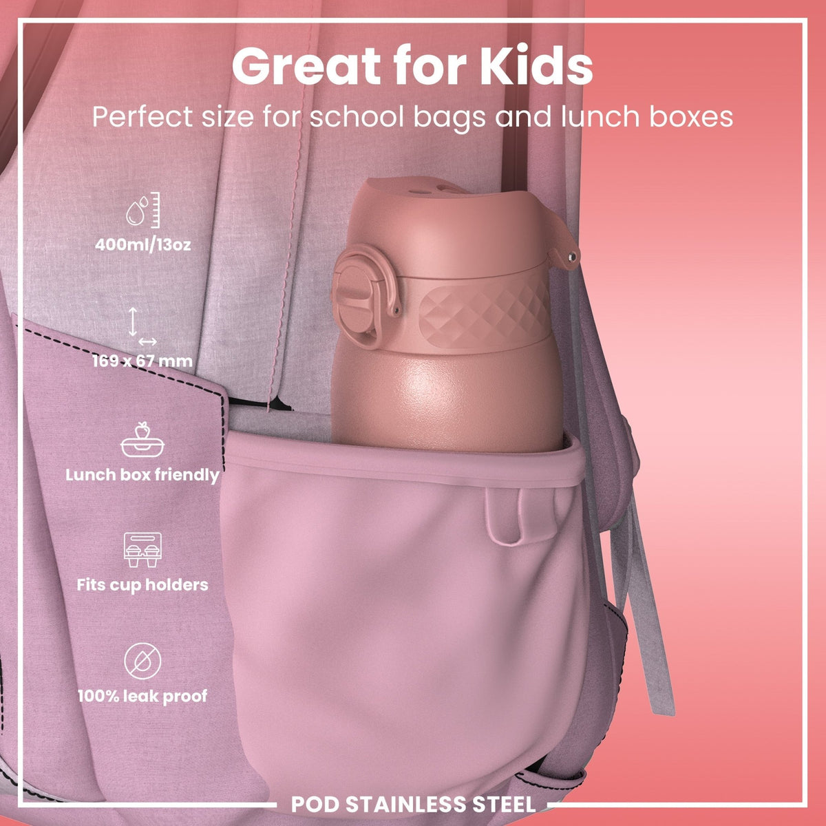 ION8 stainless steel water bottle in Ash Rose, 400ml leak-proof design, ideal for kids' steel water bottles
