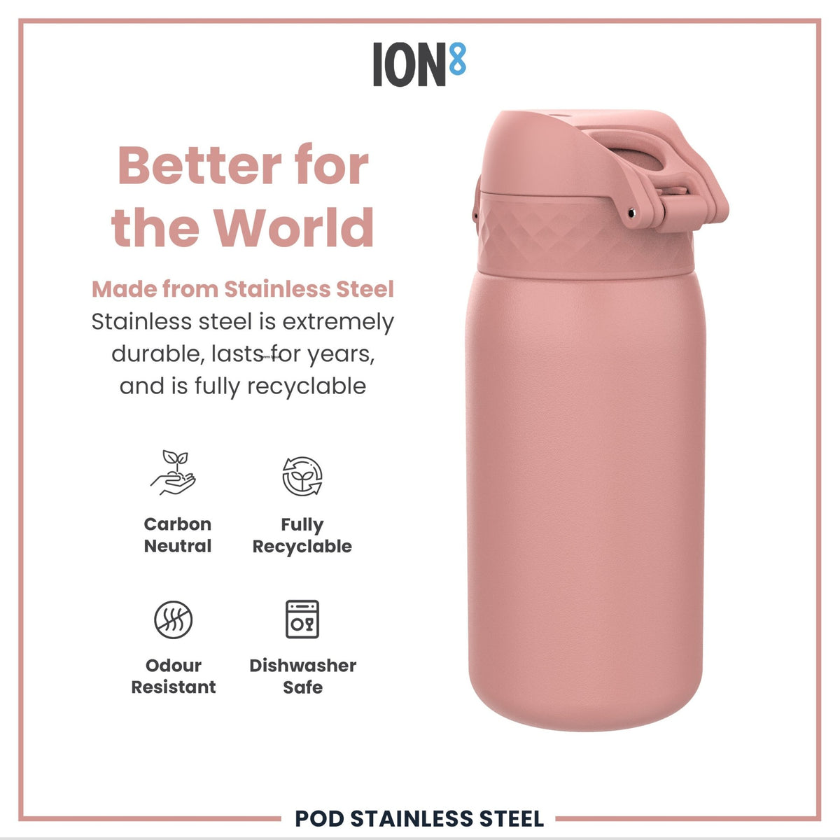 ION8 stainless steel water bottle in Ash Rose color, 400ml leak-proof design, durable for kids' hydration.