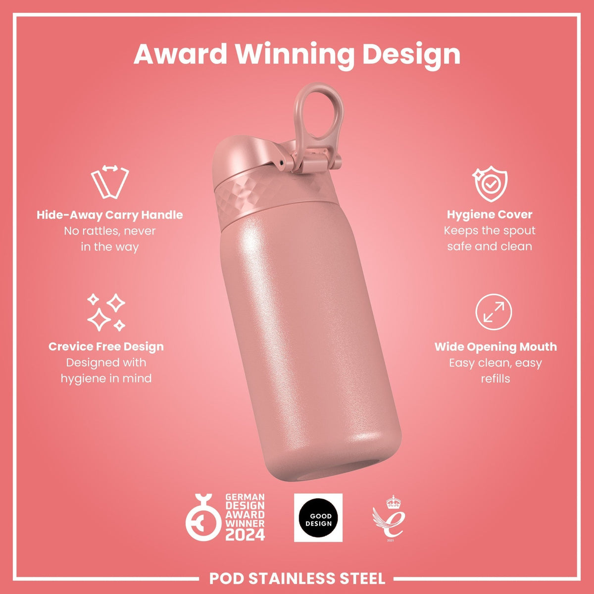 ION8 stainless steel water bottle in Ash Rose, 400ml, leak-proof kids' bottle with durable stainless steel construction.