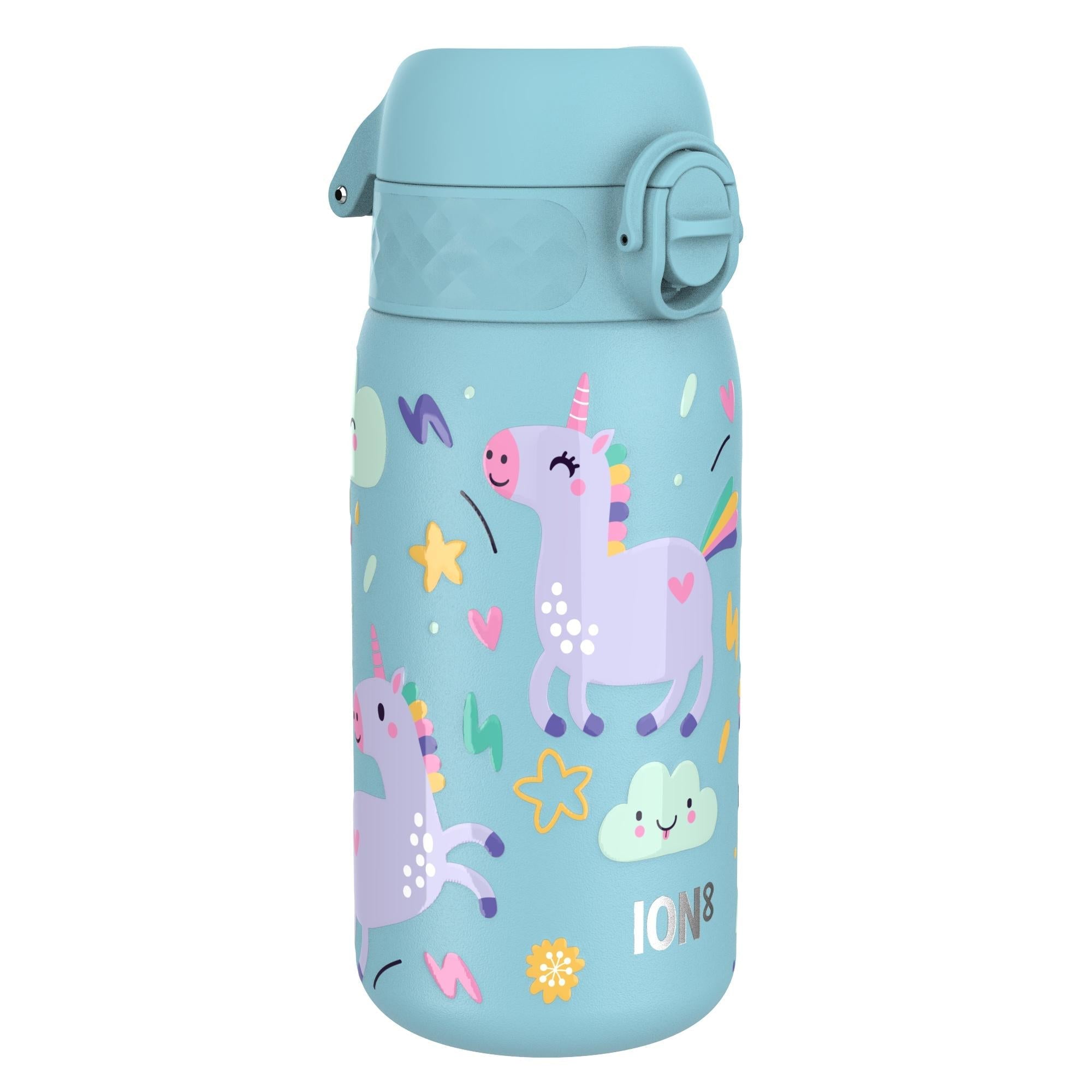 Blue unicorns stainless steel leak-proof kids water bottle by ION8, 400ml (13oz) with secure lid and vibrant unicorn design.