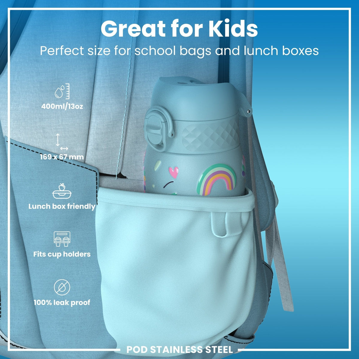 ION8 stainless steel water bottle with blue unicorns, 400ml capacity, leak-proof design for kids, durable and stylish steel water bottle.
