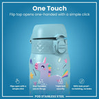 ION8 stainless steel water bottle featuring blue unicorns, 400ml capacity, leak-proof design, ideal for kids' hydration.