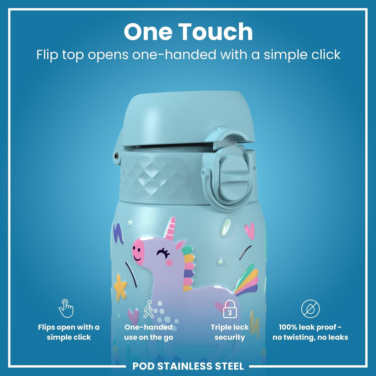 ION8 stainless steel water bottle featuring blue unicorns, 400ml capacity, leak-proof design, ideal for kids' hydration.