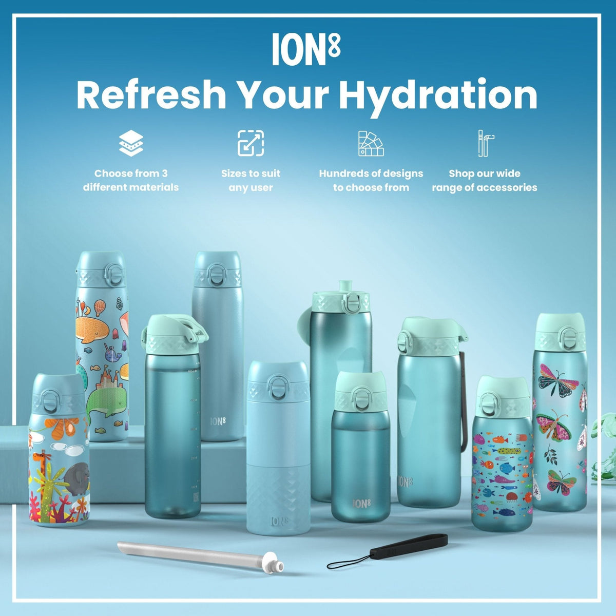 ION8 stainless steel water bottle with blue unicorns, 400ml, leak-proof kids' steel water bottle, durable and stylish design