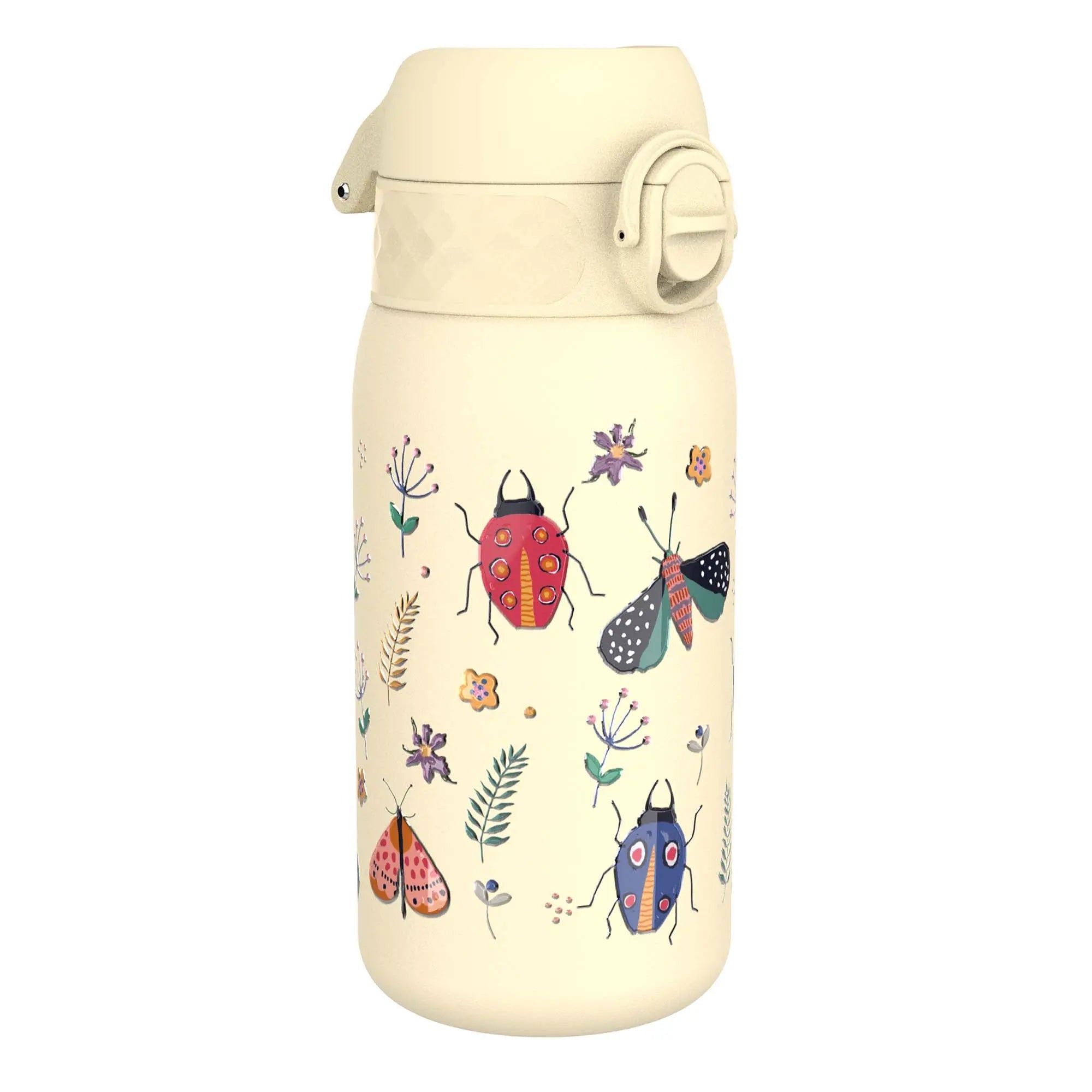 Ion8 leak-proof kids stainless steel water bottle with Bugs Life design, 400ml capacity, durable and spill-proof.