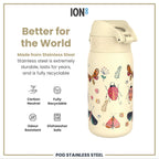 ION8 stainless steel water bottle featuring a Bugs Life design, 400ml capacity, leak-proof, ideal for kids.