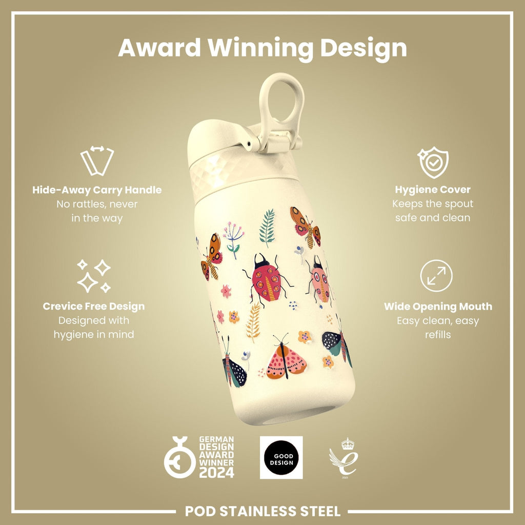 ION8 stainless steel water bottle with Bugs Life design, 400ml leak-proof kids' steel bottle with colorful insect artwork.