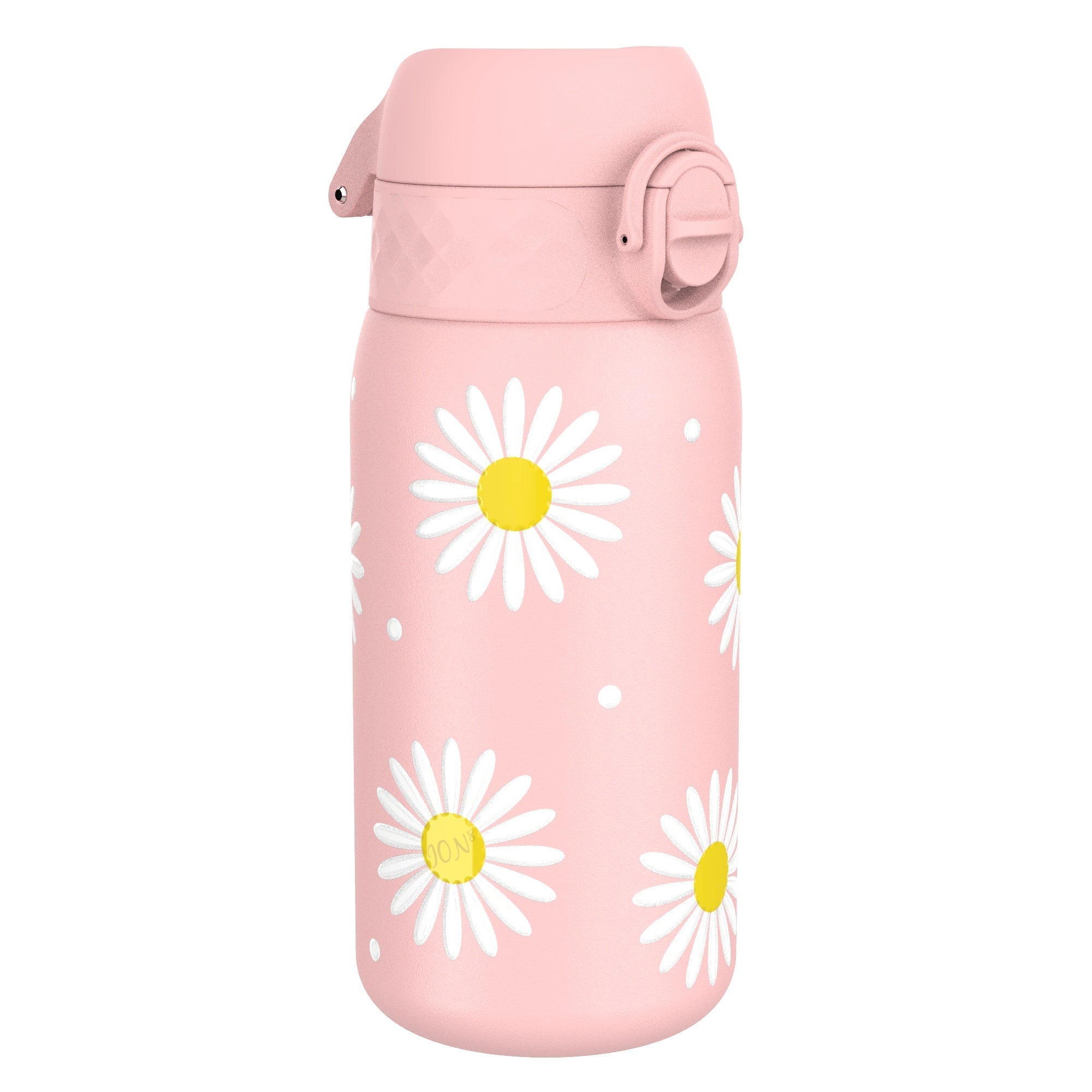 Ion8 stainless steel leak-proof kids water bottle with daisy design, 400ml (13oz) capacity, featuring a secure lid and colorful floral pattern.