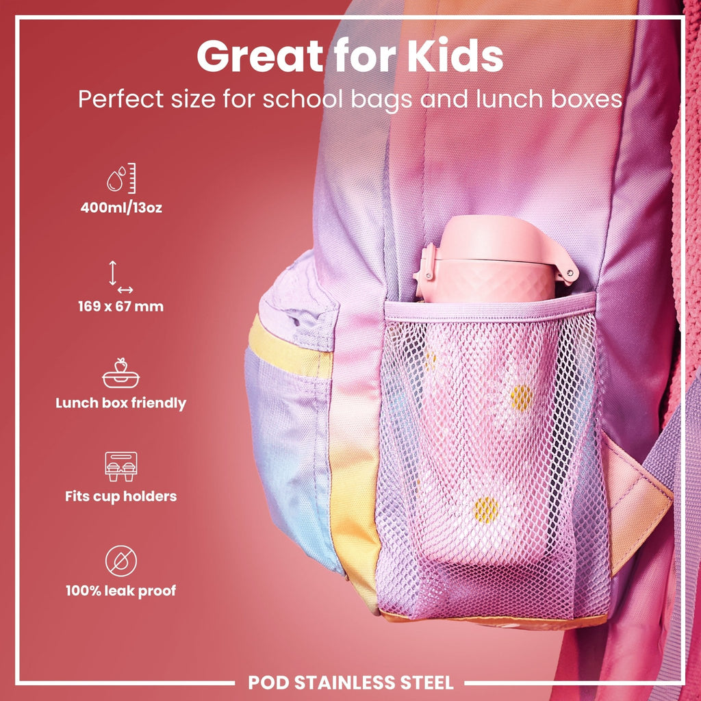ION8 stainless steel water bottle with daisies design, 400ml leak-proof kids' steel water bottle, durable and eco-friendly.
