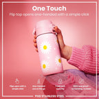ION8 stainless steel water bottle with daisies design, 400ml capacity, leak-proof kids' steel water bottle for everyday use.
