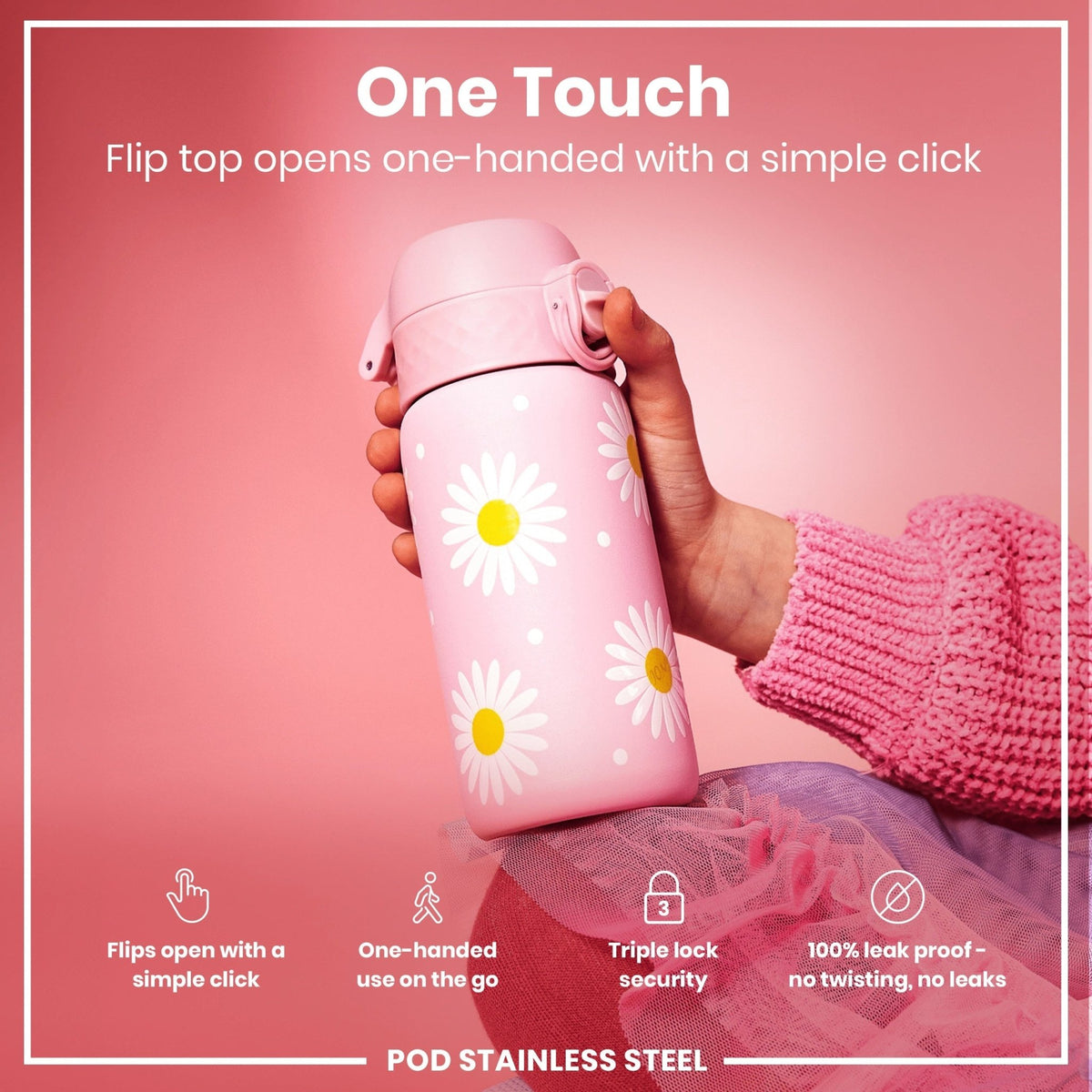 ION8 stainless steel water bottle with daisies design, 400ml capacity, leak-proof kids' steel water bottle for everyday use.
