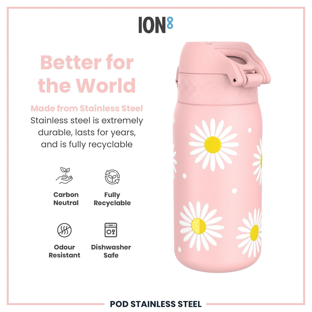 Ion8 stainless steel water bottle with Daisy design, 400ml leak-proof kids' bottle, durable and eco-friendly steel hydration container.